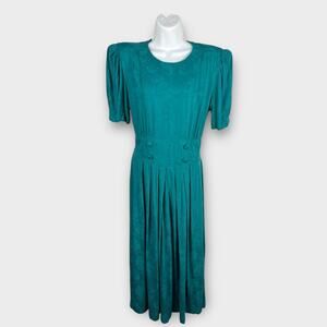 Vintage Karin Stevens Rayon Brocade Midi Dress Green Blue Size 8 Boho Cottage